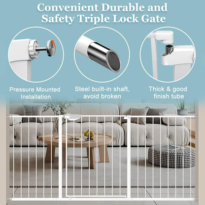 WAOWAO Triple Lock Baby Gate Extra Wide 62.59-67.32" Pressure Mounted Walk Through Swing Auto Close