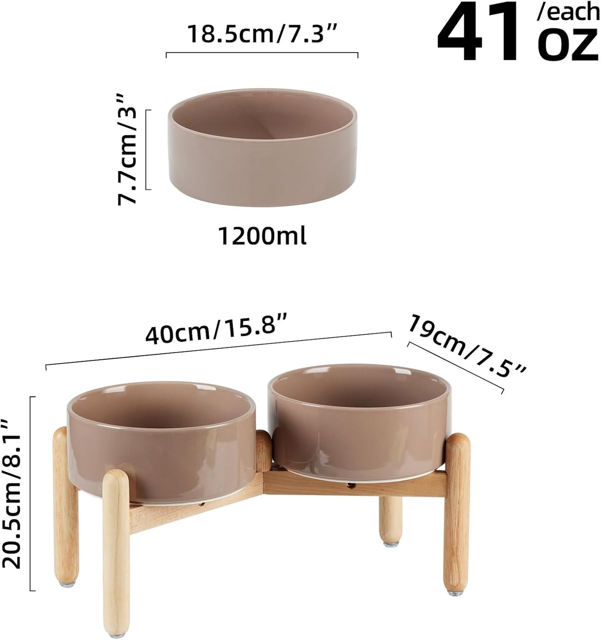 Ceramic 7.3inch Raised Double Bowls Set with Wooden Stand, Food & Water Bowls for Medium Breed