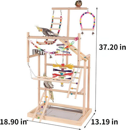 Bird Playstand Parrot Playground Wood Play Stand Gym Perch 4 Ladder Playgym with Exercise Toys