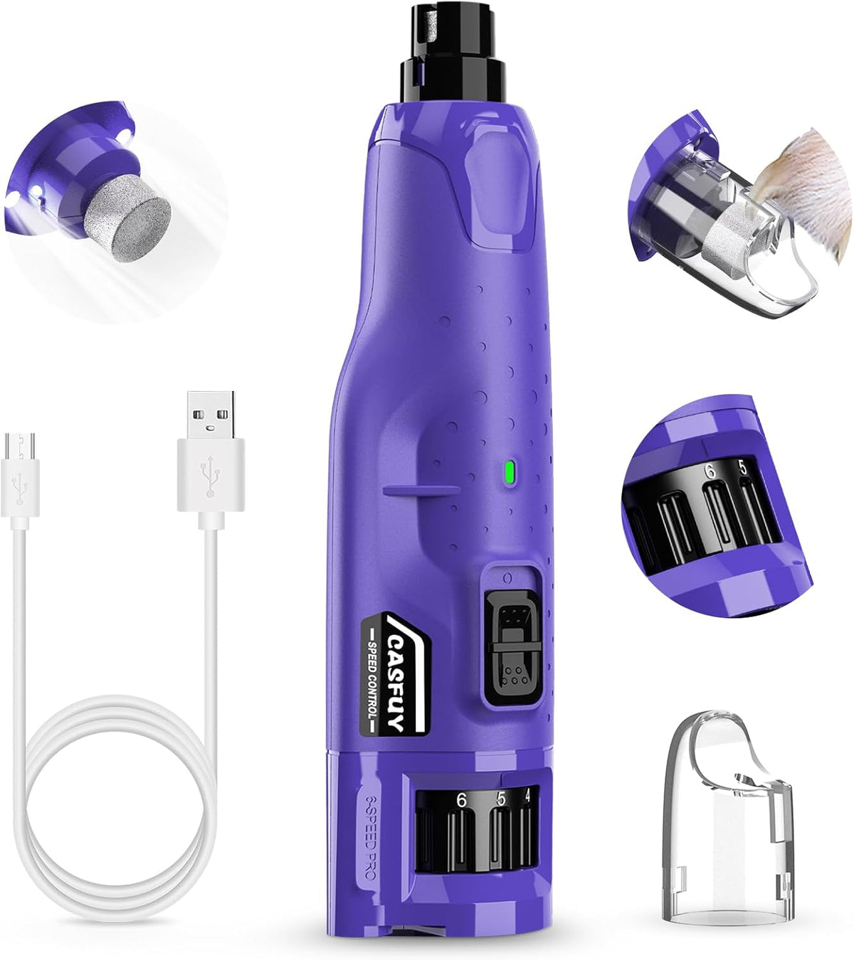 Casfuy Dog Nail Grinder Quiet - (45db) 6-Speed Pet Nail Grinder with 2 LED Lights for Large Medium