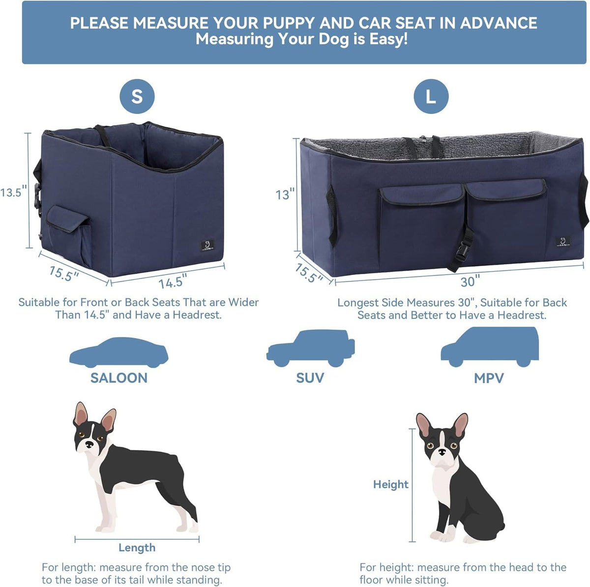 A 4 Pet Dog Car Seat for Medium/Large Dog or 2 Small Dogs, Booster Car Seat with Storage Bags and 2
