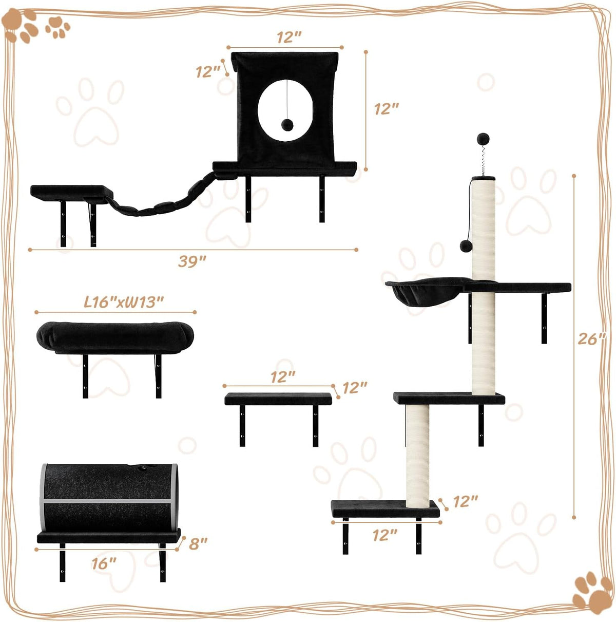 NUNU LAB Wall Mounted Cat Furniture, 7 Pcs Cat Wall Shelves with House, Tunnel, Bridge, Steps