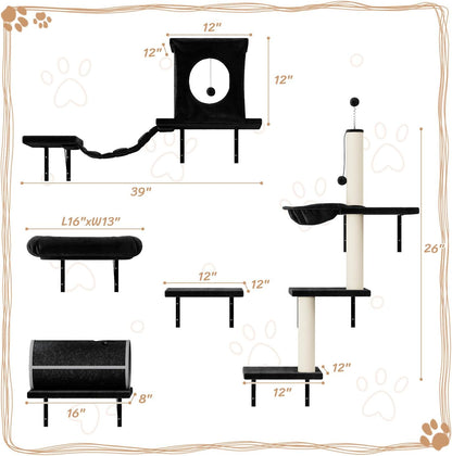 NUNU LAB Wall Mounted Cat Furniture, 7 Pcs Cat Wall Shelves with House, Tunnel, Bridge, Steps