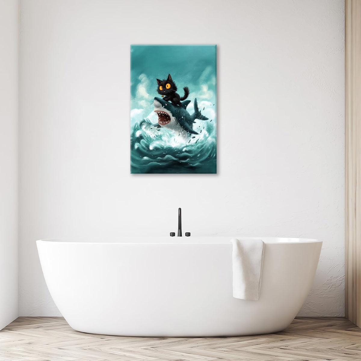 Funny Black Cat Bathroom Wall Art Cute Cat Riding Shark Canvas Wall Decor Animal Kitten Pictures