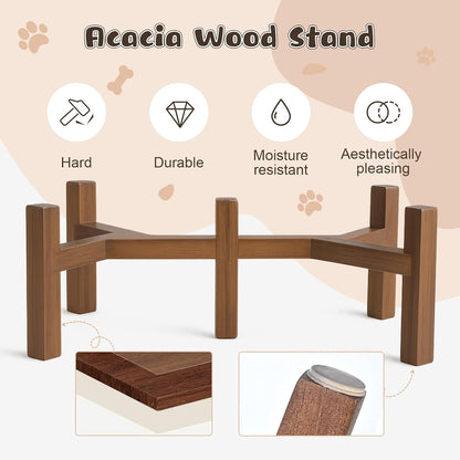 SPUNKYJUNKY Ceramic Elevated Dog Bowl Set with Acacia Wood Stand for Food and Water for Small