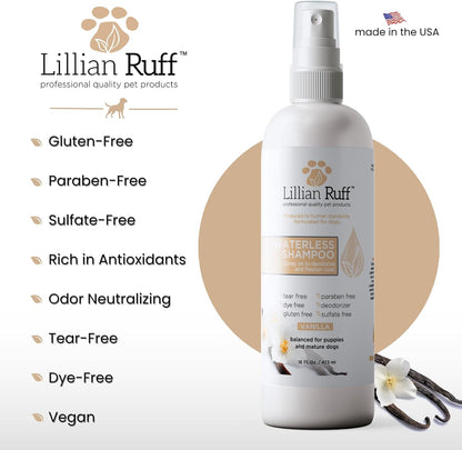 Lillian Ruff Waterless No-Rinse Dog Dry Shampoo Spray with Hydrating Essential Oils - pH-Balanced