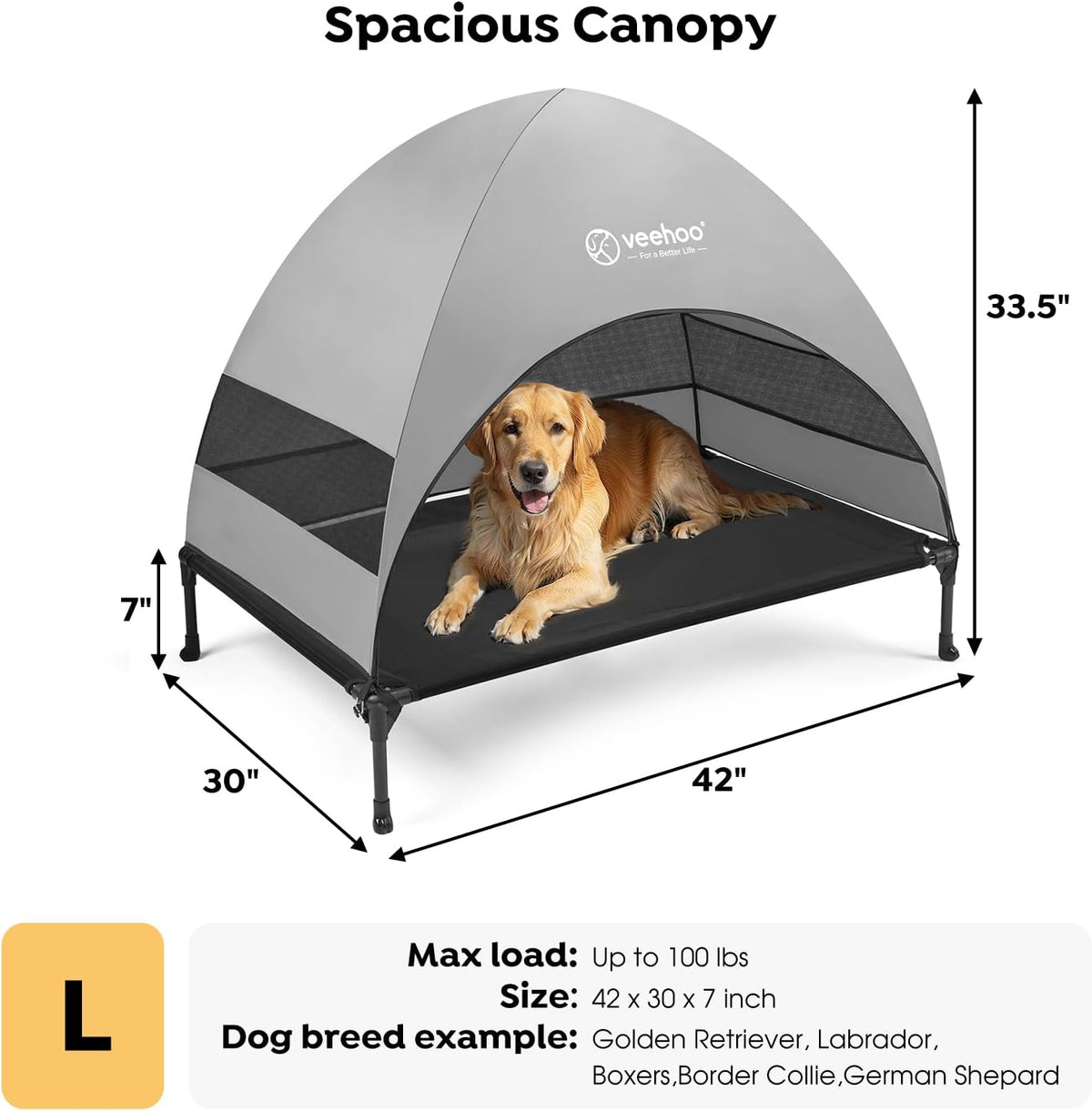 Veehoo Outdoor Dog Bed with Canopy, Cooling Elevated Pet Cot with Removable Shade, Non-Slip Feet