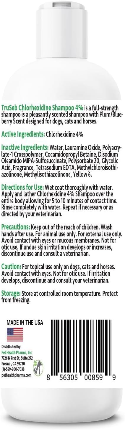 Truseb Topical Chlorhexidine 4% Shampoo for Dogs, Cats & Horses (12 oz)- with Aloe for Cleansing