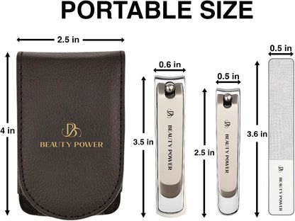 Nail Clippers Set 3 in 1 - Stainless Steel Toe Nail Clippers, Fingernail Clipper, Glass Nail File