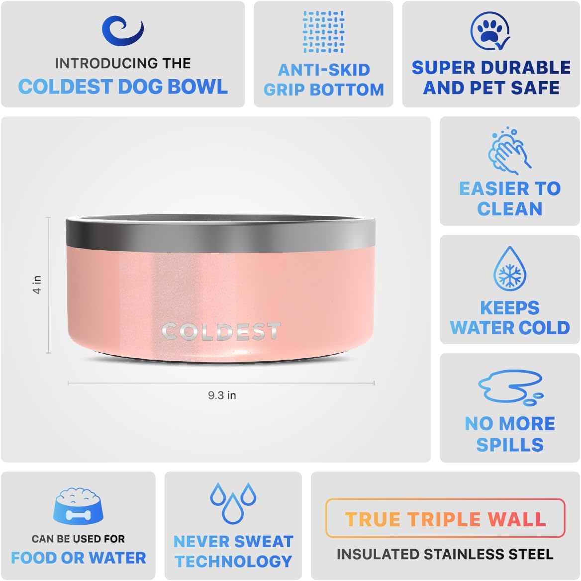 Coldest Dog Bowl - Anti Rust Metal, Non Slip, 3 Layers Insulated Stainless Steel Dog Bowls - Spill