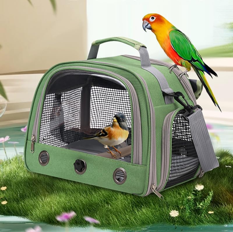 Bird Travel Carrier, Portable Small Bird Parrot Parakeet Carrier with Standing Perch and Tray, Side