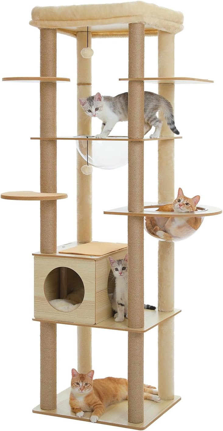 PEQULTI 71'' Cat Tree, Tall Wood Cat Tower for Indoor Cats with 2 Acrylic Cat Hammock, Multi-Level
