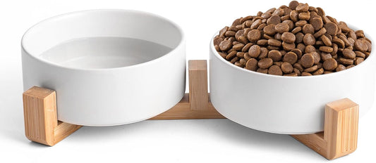 White Ceramic Dog & Cat Bowl Set – 13.5 OZ with Wooden Stand, Non-Slip, Elevated Design for Small