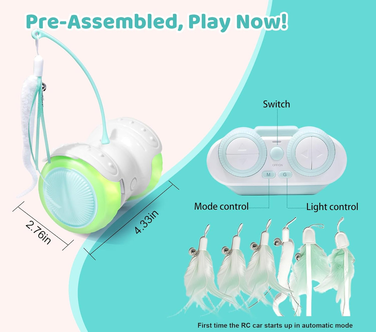 Remote Control Cat Toy with Auto Mode - Interactive Cat Toy Feather for Indoor, Moving Cats Catnip