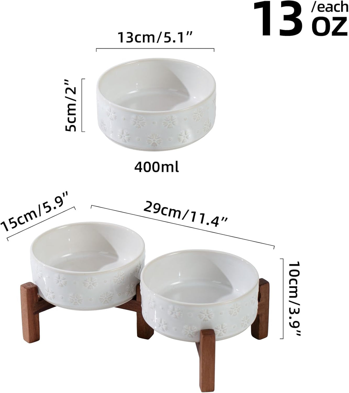 Ceramic 5.1inch Raised Double Bowls Set with Acacia Wood Stand, 2 Heights Elevated, Food & Water