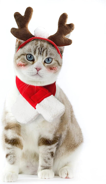 Enjoying Pet Christmas Costumes for Cats Small Dogs, Cat Reindeer Antlers Headband with Xmas Scarf