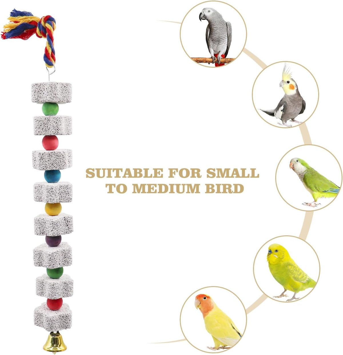 2 Pack Mineral Block Chew Toys with Colorful Beads and a Bell, Bird Beak Grinding Stone, Cage