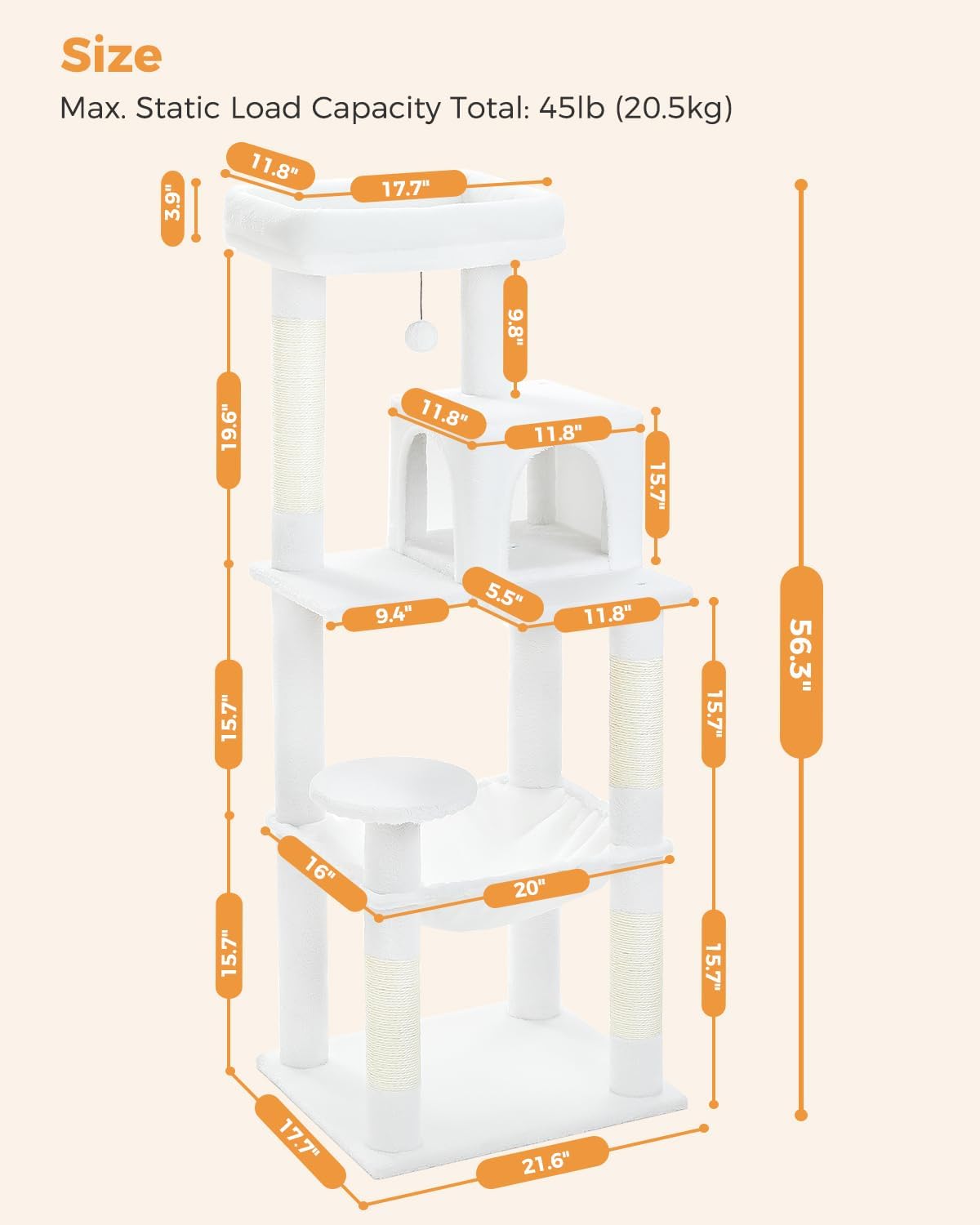Cat Tree for Large Cats with Metal Plush Big Hammock, 56.3" Cat Tower for Indoor Cats with 2 Door