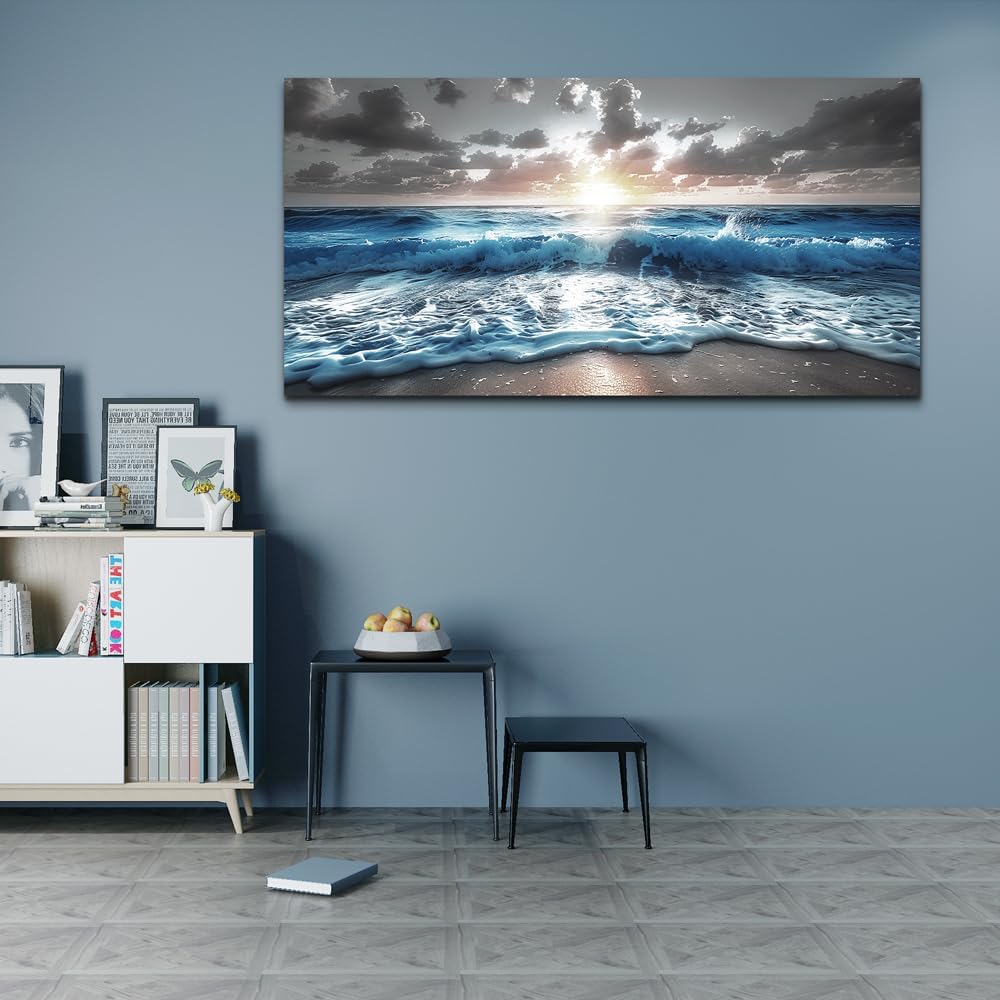 hyidecorart Blue Sea Waves Wall Pictures Framed Wall Art For Living Room Canvas Wall Decor For