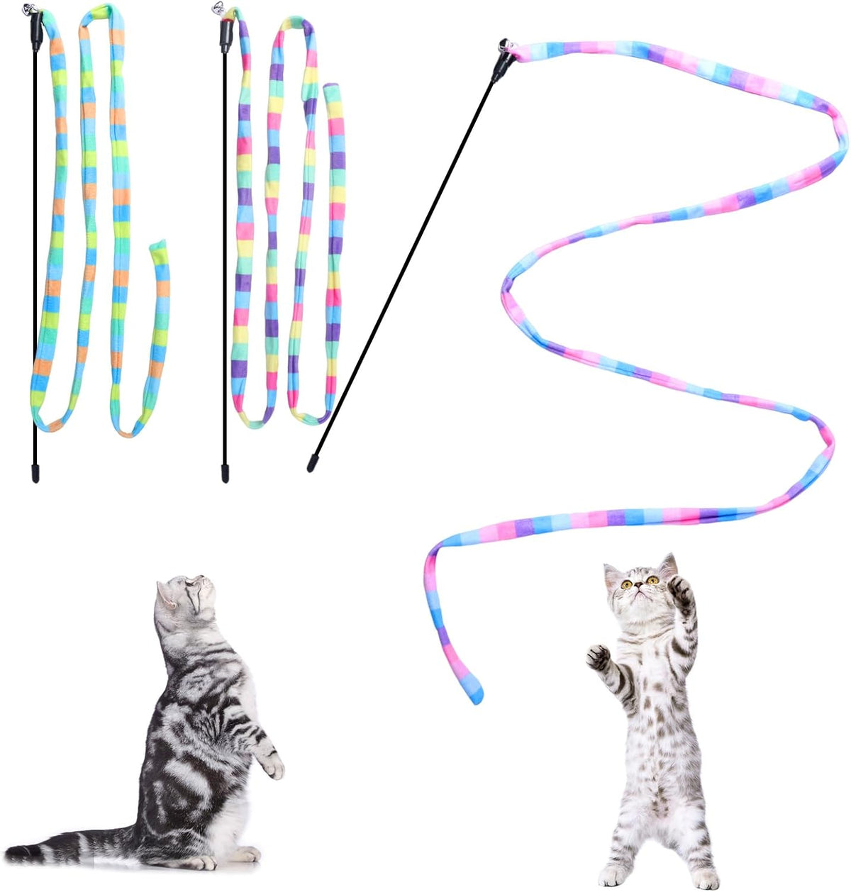 Cat Wand Toys Interactive Kitten Toys Cat Teaser Wand String Feather for Indoor Colorful Ribbon