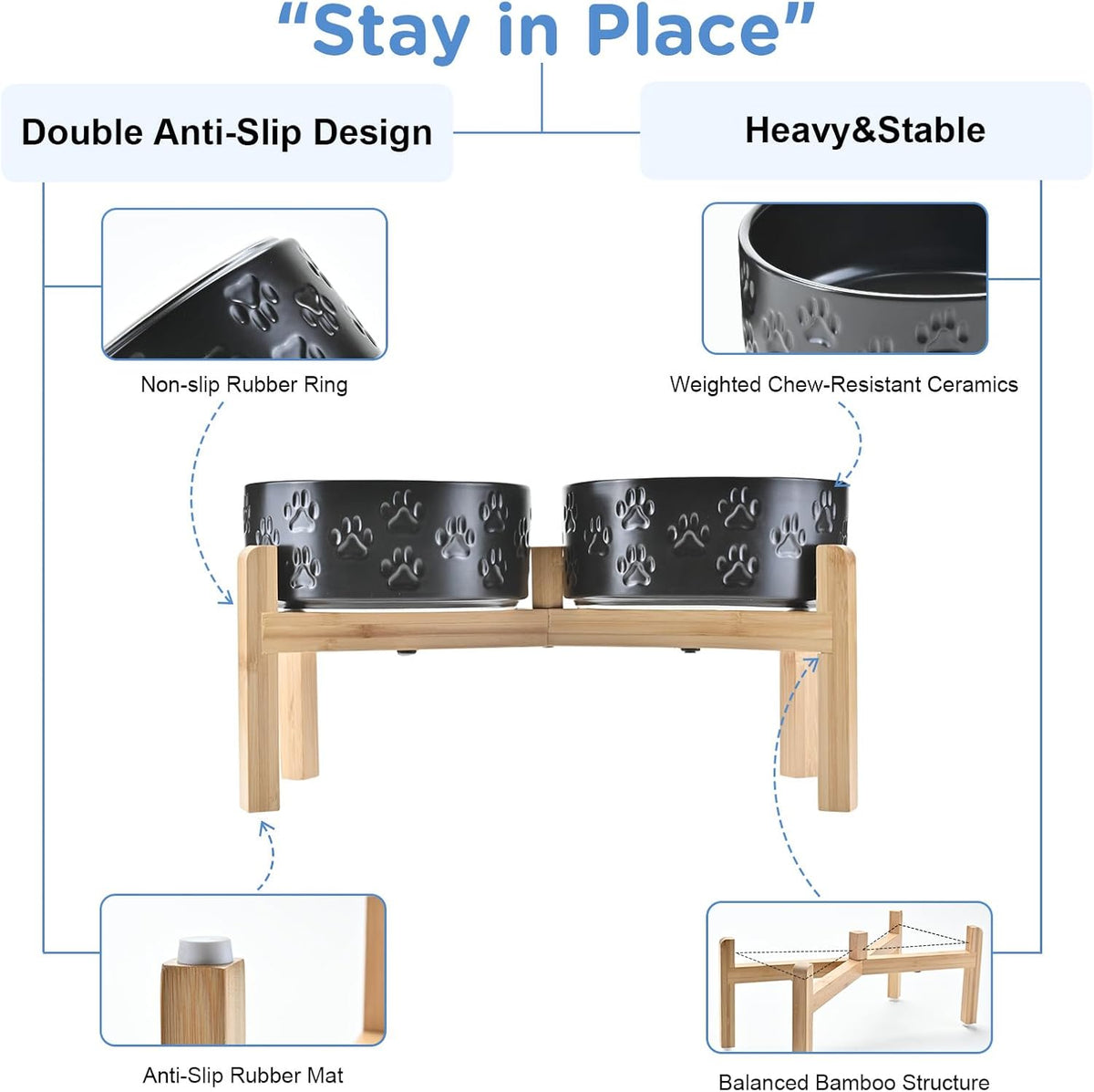 SPUNKYJUNKY Elevated Dog Bowls Ceramic, 7.3'' Dogs Food Water Bowls Raised with Non-Slip Bamboo