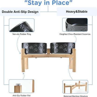 SPUNKYJUNKY Elevated Dog Bowls Ceramic, 7.3'' Dogs Food Water Bowls Raised with Non-Slip Bamboo