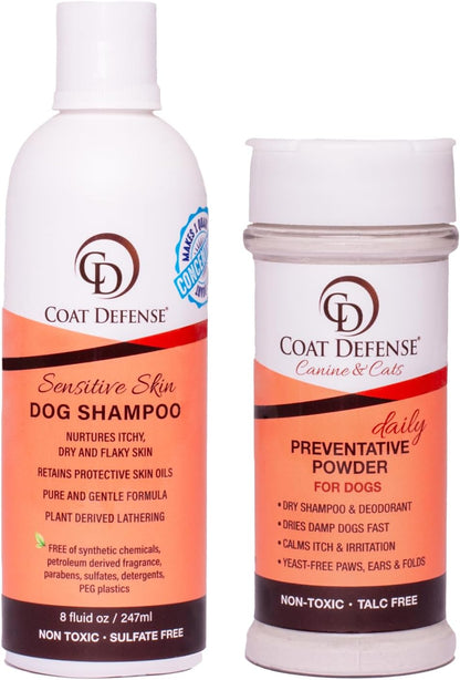 COAT DEFENSE Paw Licker Bundle | Dry Powder for Dogs & Sensitive Skin Dog Shampoo for Allergies and