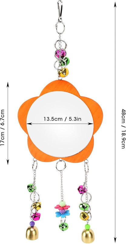 GLOGLOW Bird Mirror Toy, Hanging Parrot Mirror Rooster Toy Mirror with Colored Bells Interactive