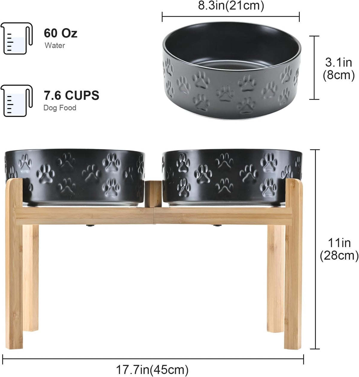SPUNKYJUNKY Elevated Dog Bowls Ceramic, 8.3'' Dogs Food Water Bowls Raised with Non-Slip Bamboo