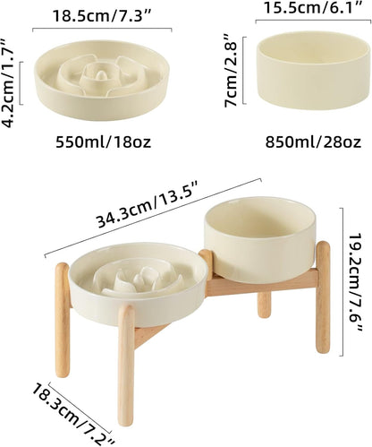 Ceramic Raised Slow Feeder Dog Bowl Set, Elevated 6.1inch Bowl and 7.3inch Puzzle Slow Food Dish