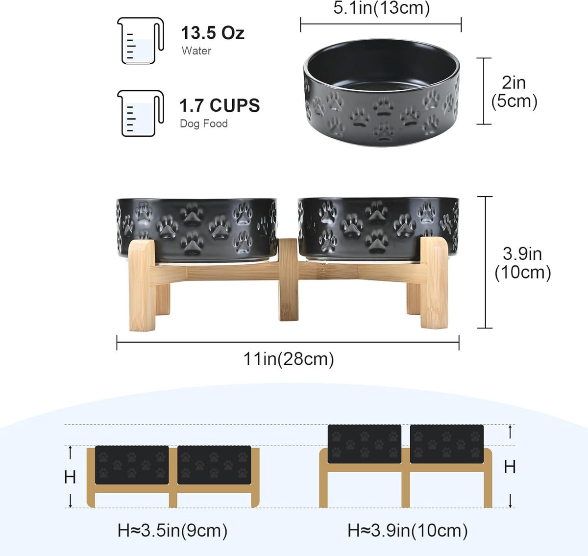 SPUNKYJUNKY Elevated Dog Bowls Ceramic, 5.1'' Dogs and Cat Food Water Bowls Raised with Non-Slip