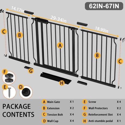 Fairy Baby Extra Wide Baby Gate Black 62-67 Inch Wide, Walk Through Pressure Mounted No Drill, Long