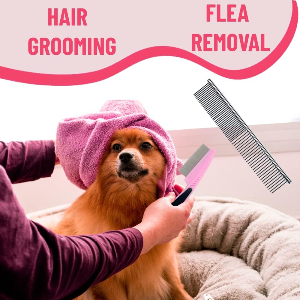 Dog Grooming Kit - Deshedding Brush for Short Hair, Slicker Brush, Flea Comb, Puppy Brush Set in