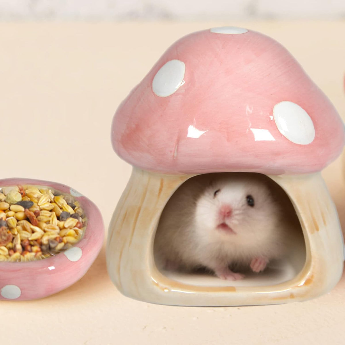 Ceramic Mushroom Guinea Pig House Hamster Hide Bed Includes Hamsters Food Bowl Guinea Pig Hideout