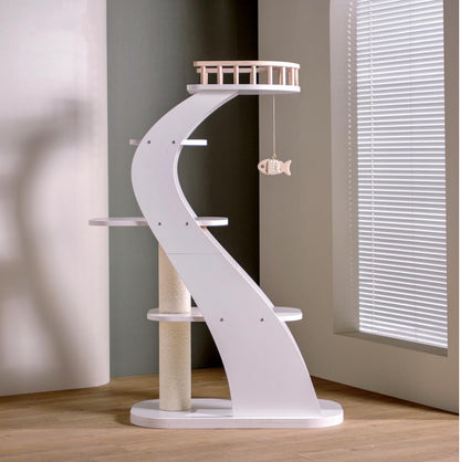 SHENGOCASE Modern Stylish 52.4 inches Tall Wooden Cat Tree Tower, Aesthetic Cat Condo Ladder with