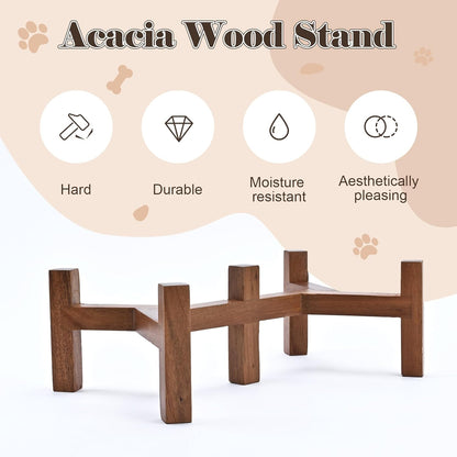 SPUNKYJUNKY Ceramic Dog Bowls with Acacia Wood Stand - Raised Dog Food and Water Bowl Set for Small