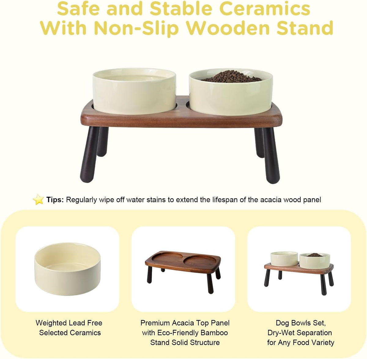 SPUNKYJUNKY Ceramic Elevated Dog Bowls Raised with Acacia Bamboo Wooden Stand, 6.1'' Dog and Cat