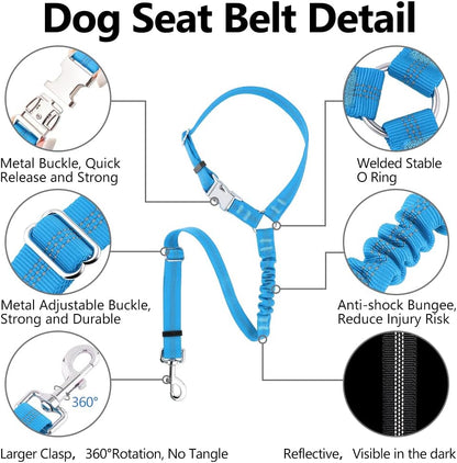 Plutus Pet Dog Seat Belt for Car Headrest, Reflective and Adjustable Restraint with Elastic Bungee
