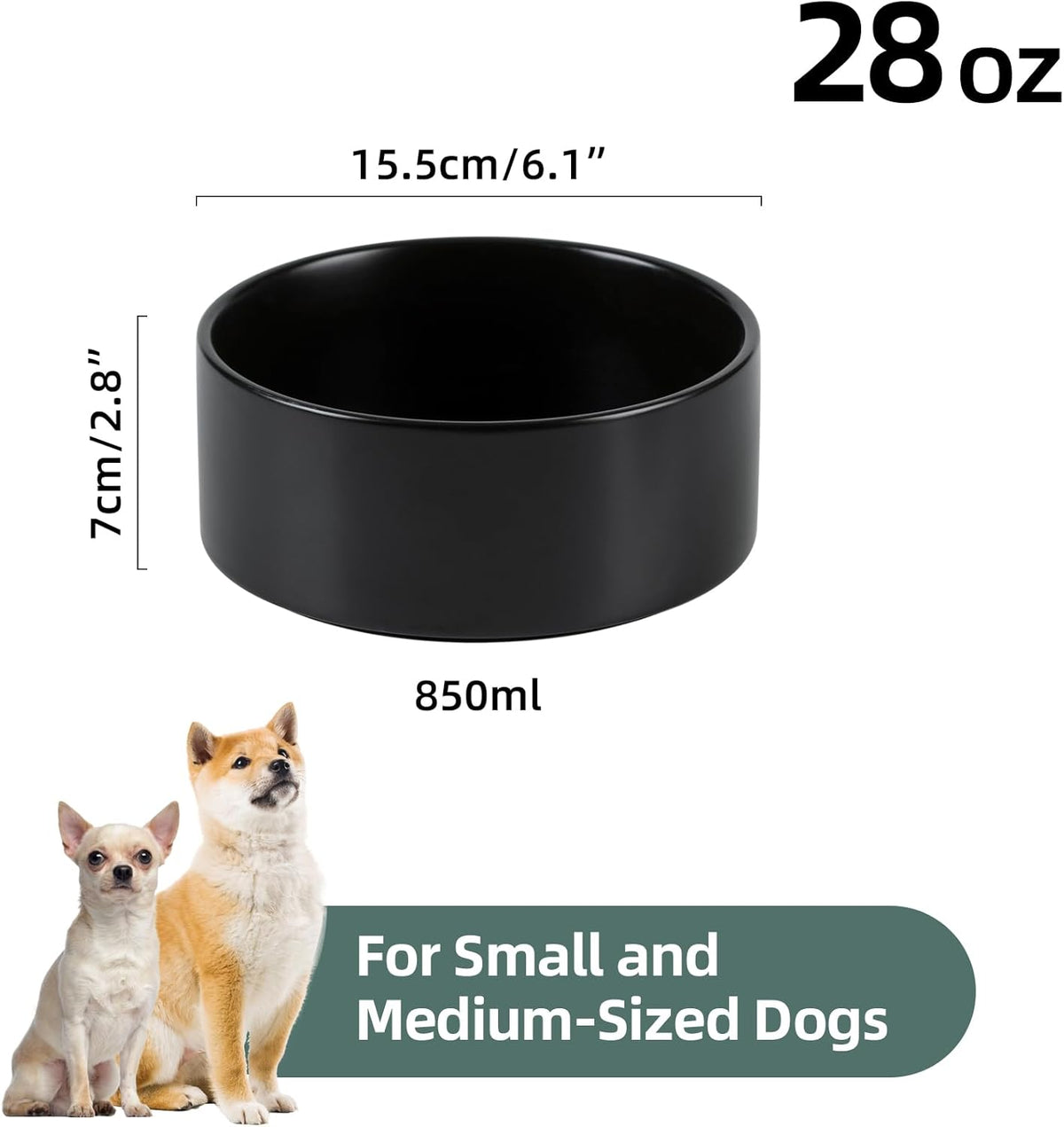Ceramic 6.1inch Non-Slip Dog Food and Water Bowl for Small & Medium Breed Dogs,Pet Bowl for