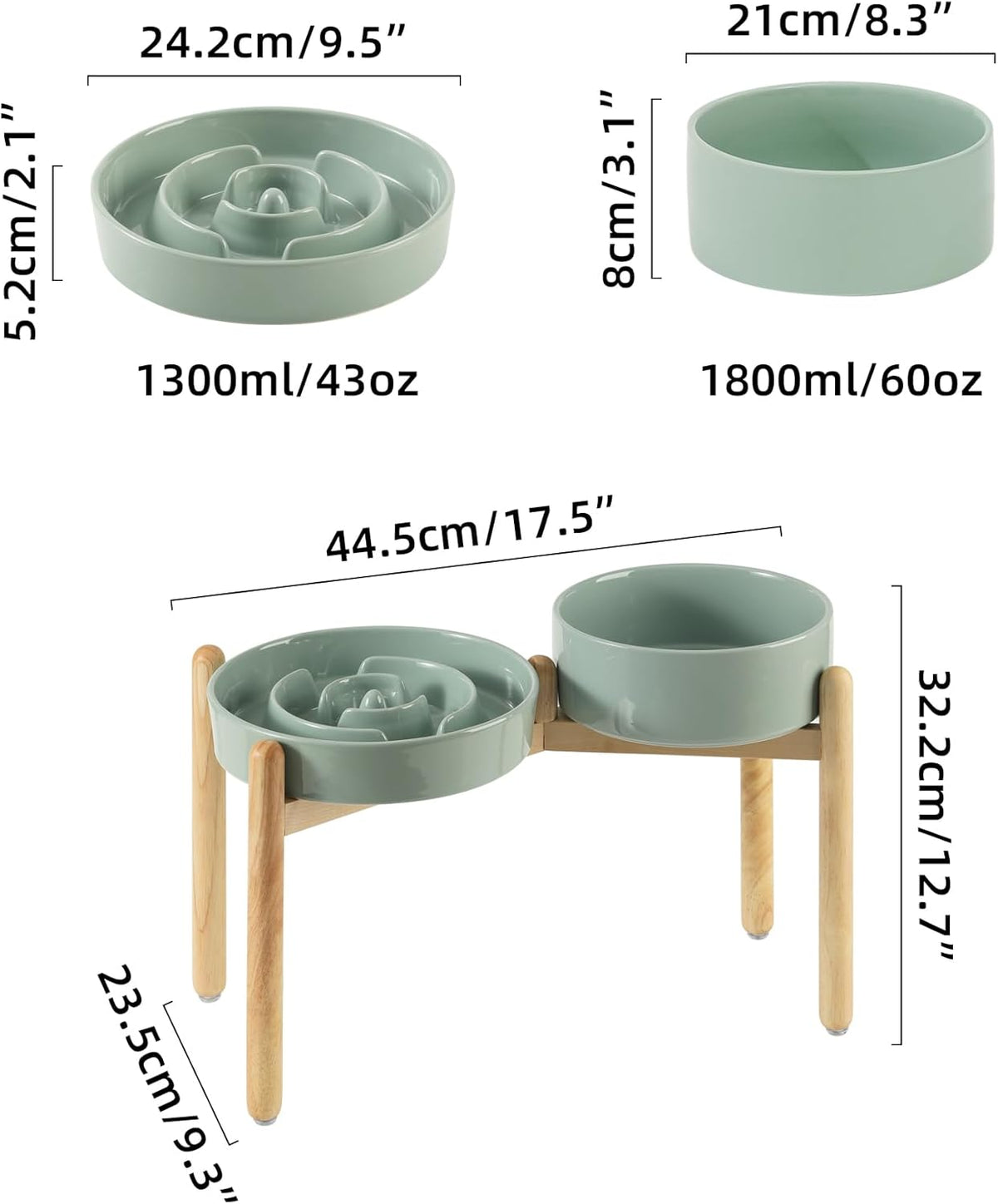 Ceramic Raised Slow Feeder Dog Bowl Set, Elevated 8.2inch Bowl and 9.5inch Puzzle Slow Food Dish