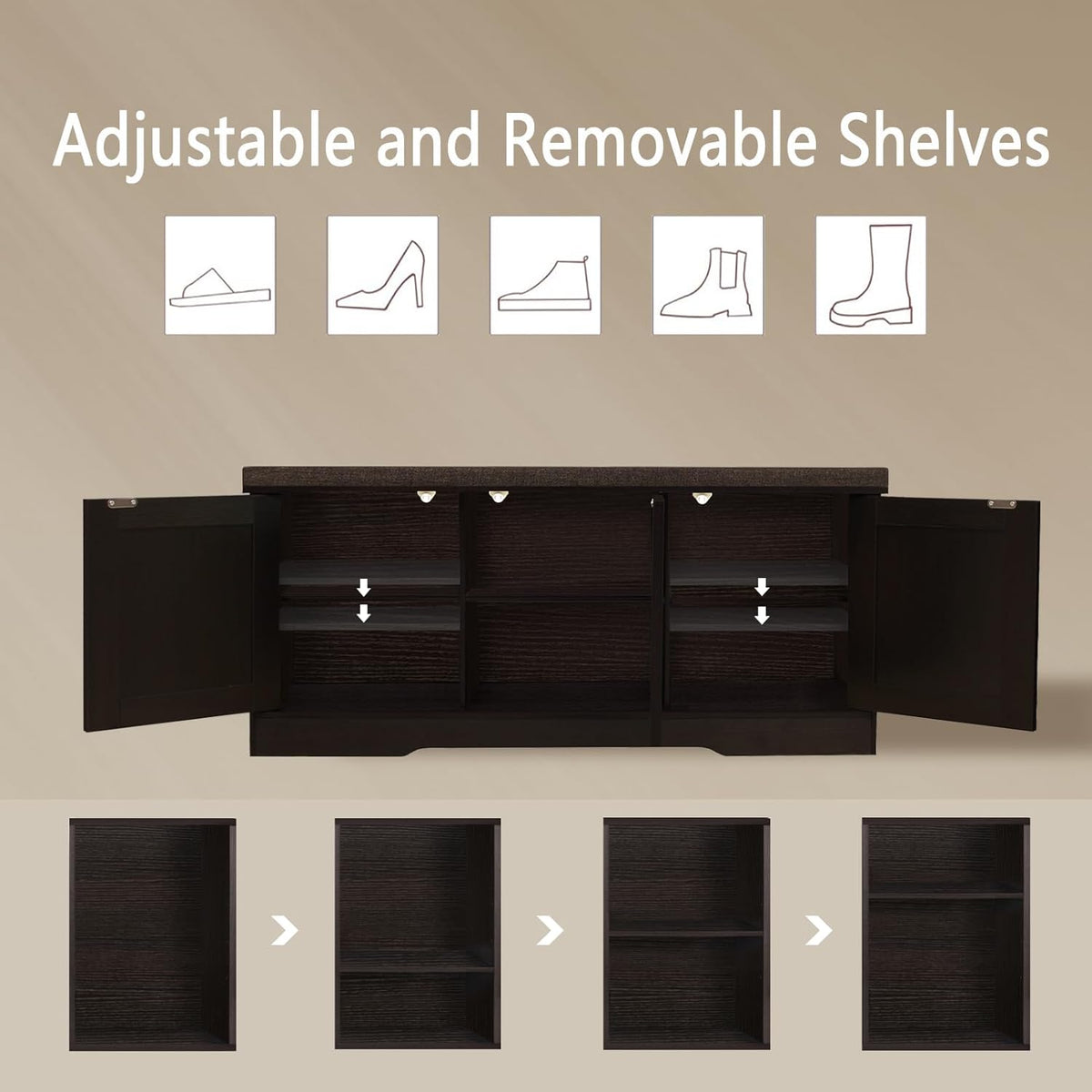 DINZI LVJ Shoe Bench, Entryway Storage Bench with Doors, Cushion, 2-Tier Shoe Rack with 6-Cubby