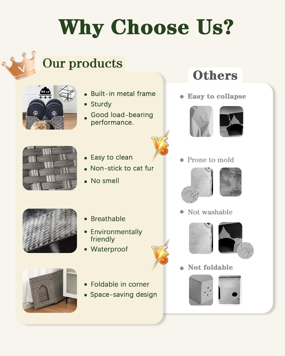 Cat Beds Indoor Kitten House, Handwoven Rattan Cat Cave Pet Cube, Large Cat Houses, One Bed Mat
