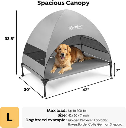 Veehoo Outdoor Dog Bed with Canopy, Cooling Elevated Pet Cot with Removable Shade, Non-Slip Feet