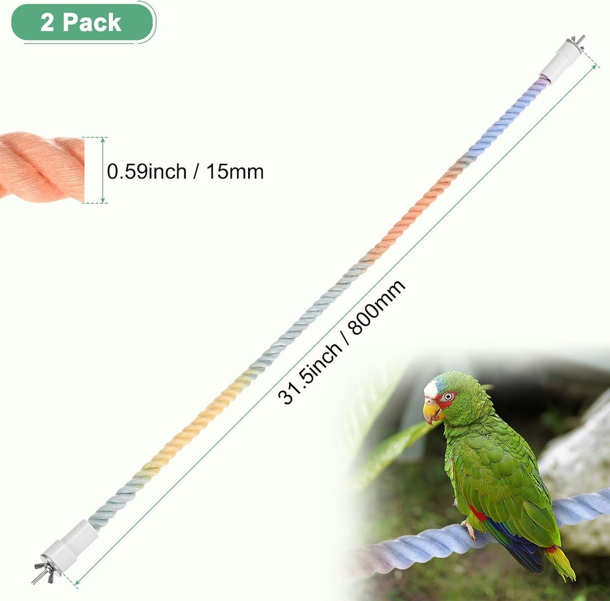 2-Pack Rope Perches for Bird Cages, 31.5 in Length Comfort Grip Flexible Rope Perch Beak & Paw