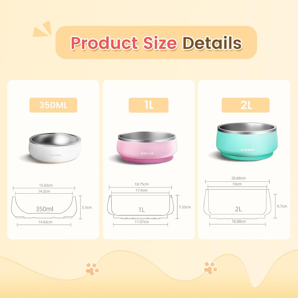 Pawaii Small Dog Bowls, 12 oz. Food Water Bowl Designed for Puppies and Cats with Non-Slip Rubber