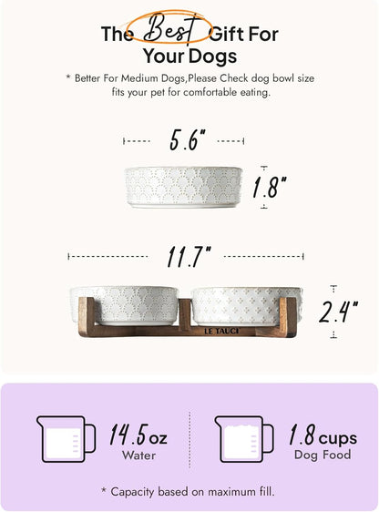 LE TAUCI Dog Bowl Set with Acacia Wood Stand - 1.5-Cup Ceramic Puppy Bowls for Small Dogs, Dual