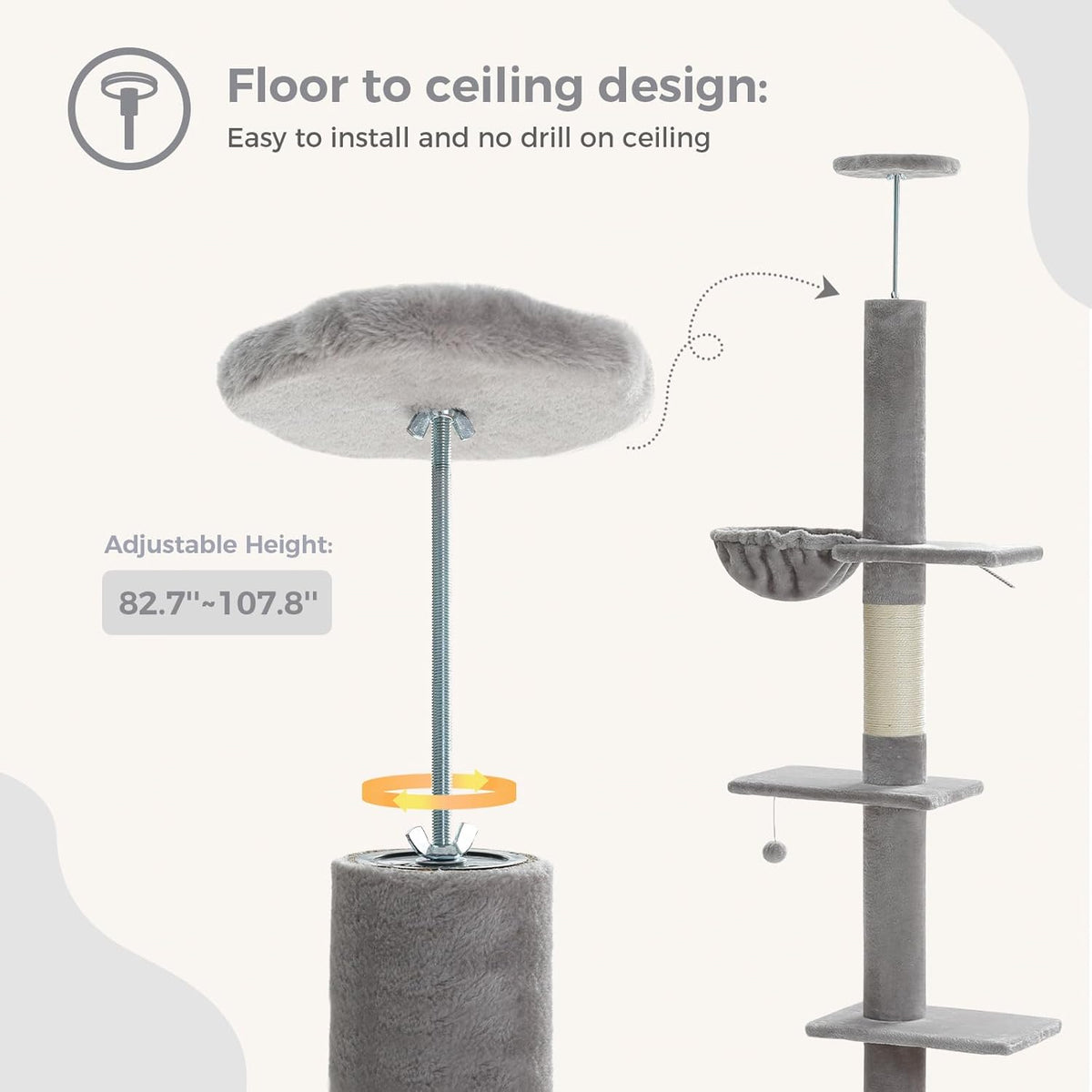 PEQULTI Floor to Ceiling Cat Tree, Tall Cat Tower, Adjustable Height (83''-108'') 5 Levels Climbing