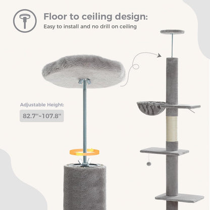 PEQULTI Floor to Ceiling Cat Tree, Tall Cat Tower, Adjustable Height (83''-108'') 5 Levels Climbing