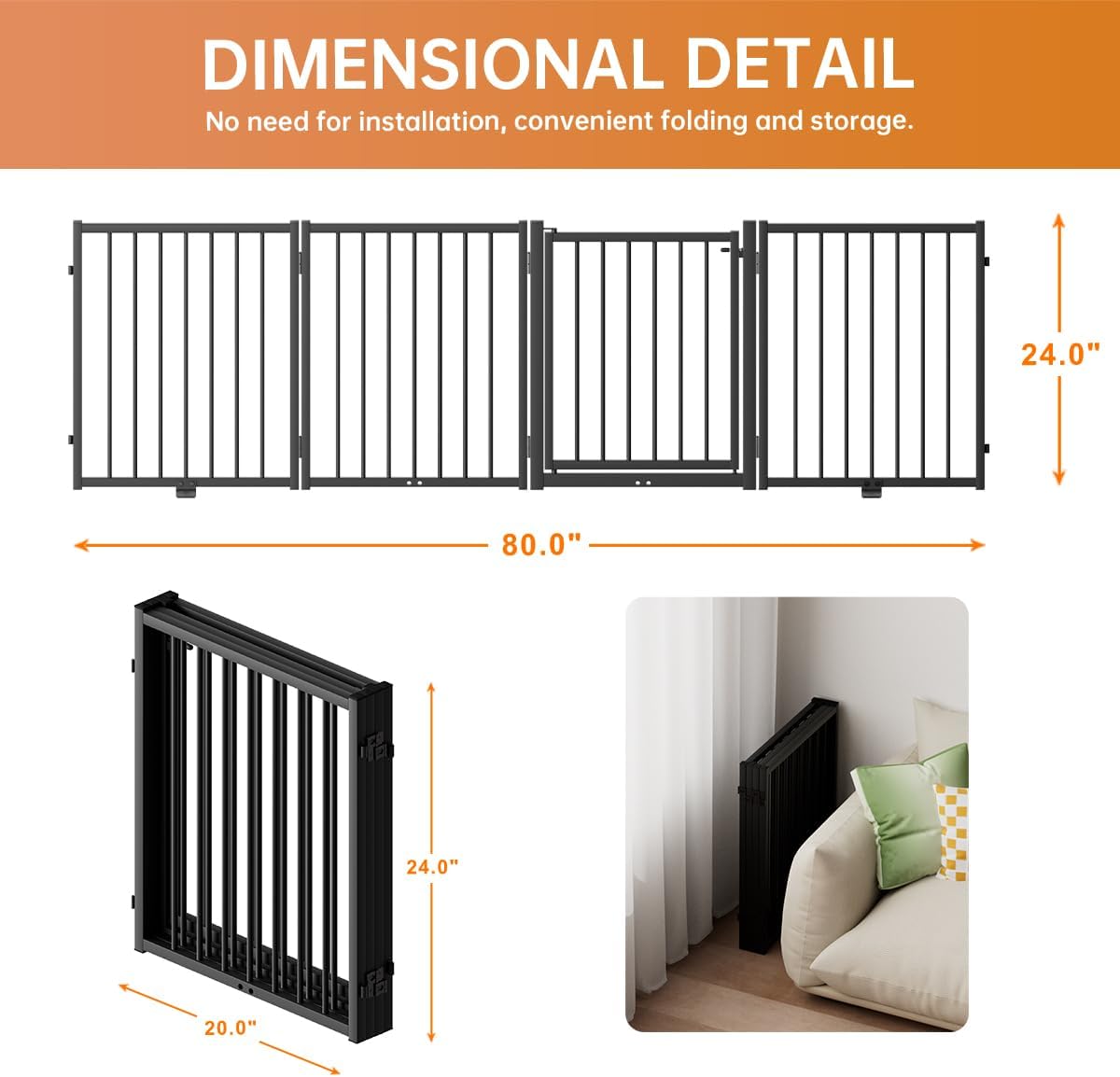 Full Metal Freestanding Dog Gate with Door, 24'' Height Foldable Pet Dog Fence for Indoor &