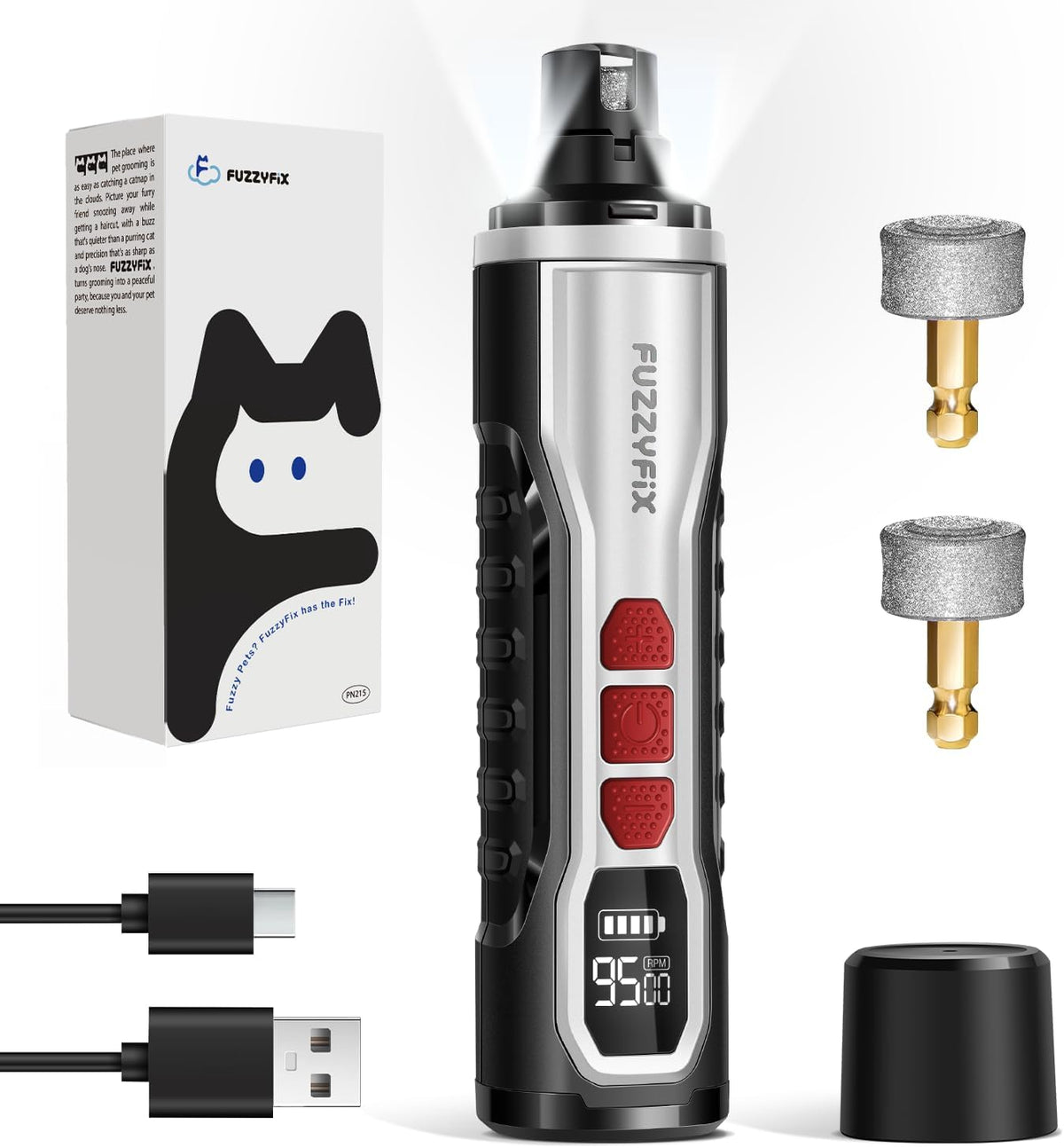 Dog Nail Grinder, Nail Clippers with LED Light, USB Rechargeable Electric Dog Nail Trimmer 5-Speed